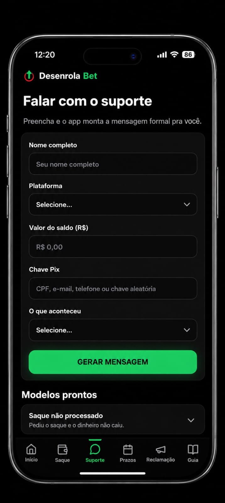Tela que monta a mensagem pro suporte da bet