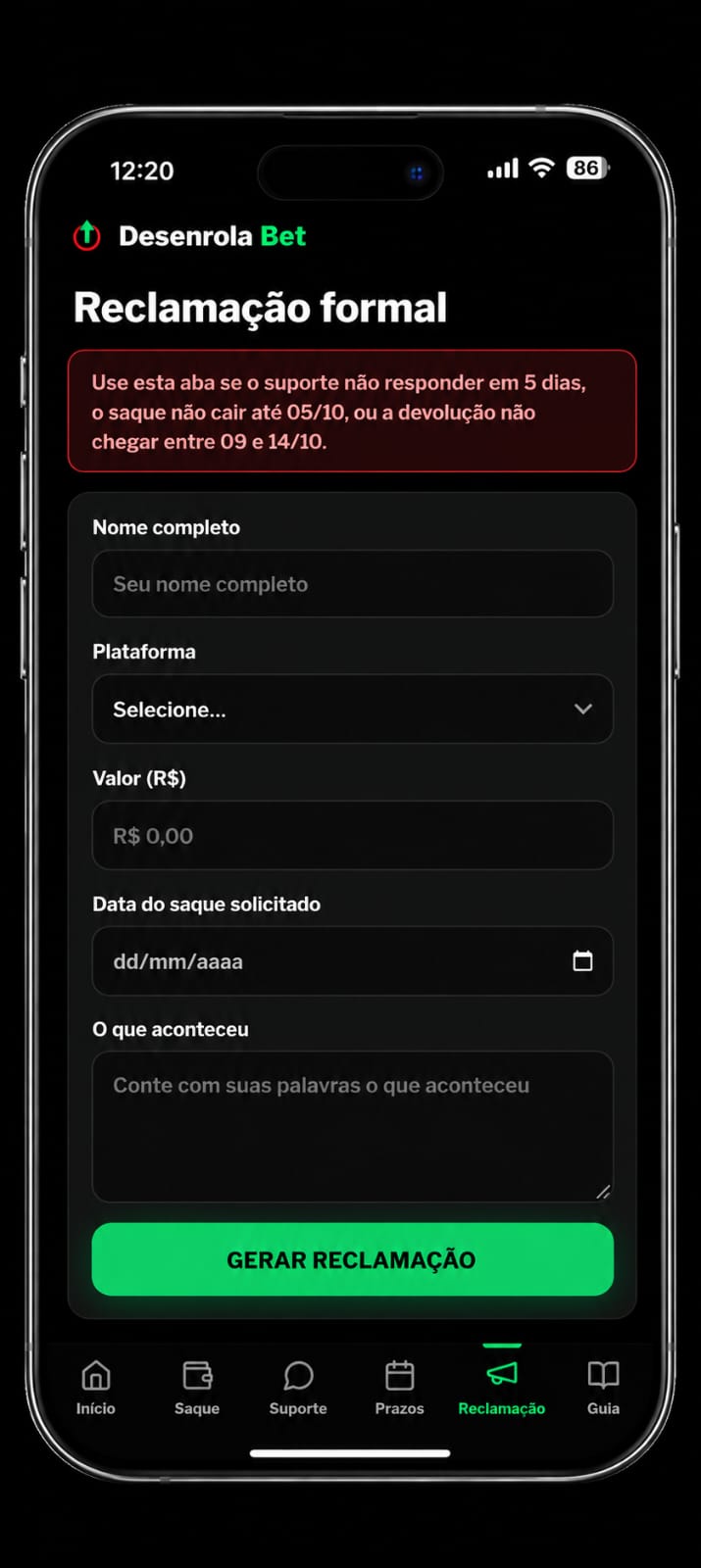 Tela que gera a reclamação formal